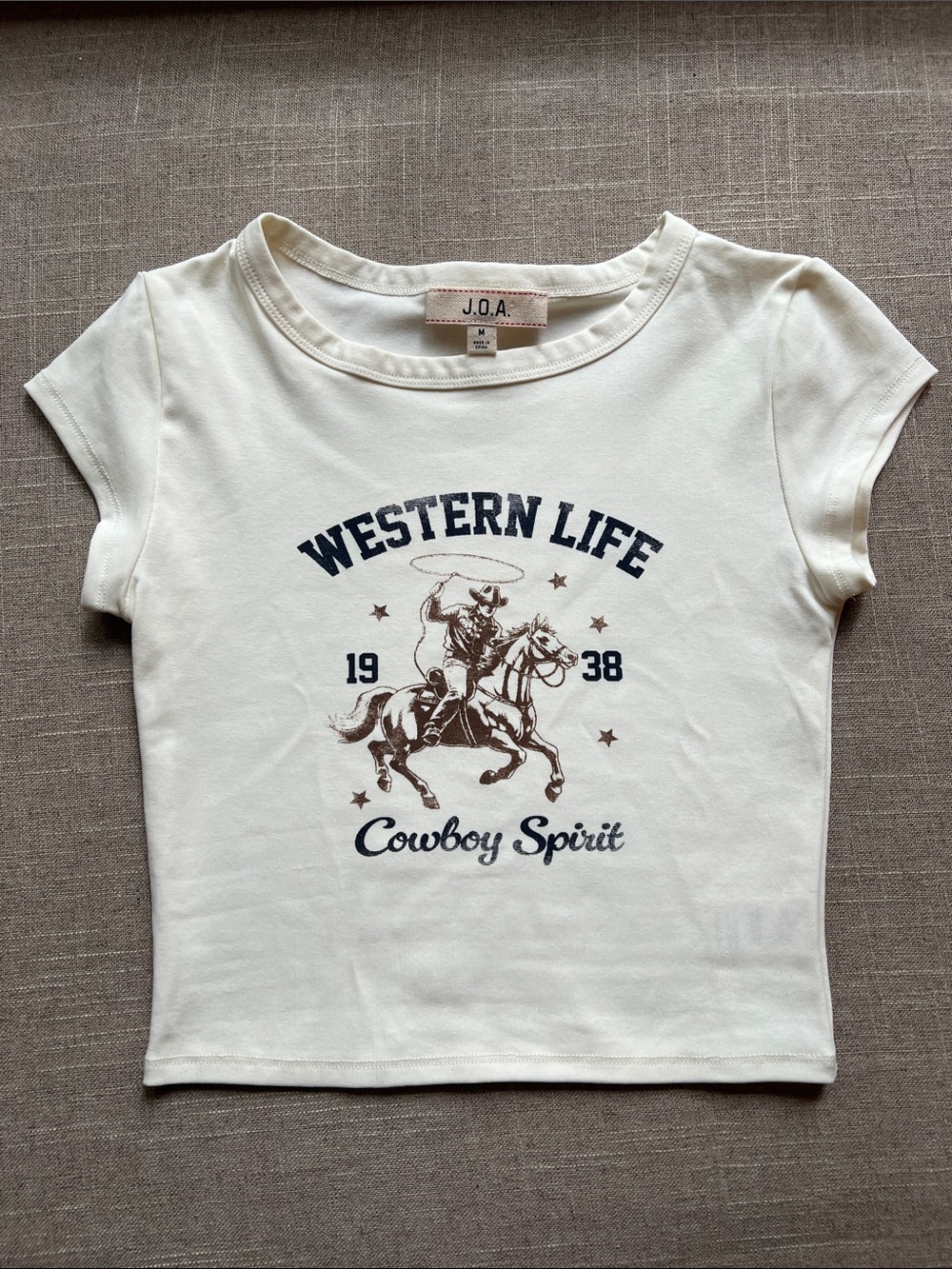J.O.A. White Crop Tee with Navy & Brown Cowboy Graphic